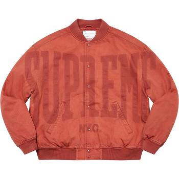 Red Supreme Washed Knockout Denim Varsity Jackets | PH438PQ